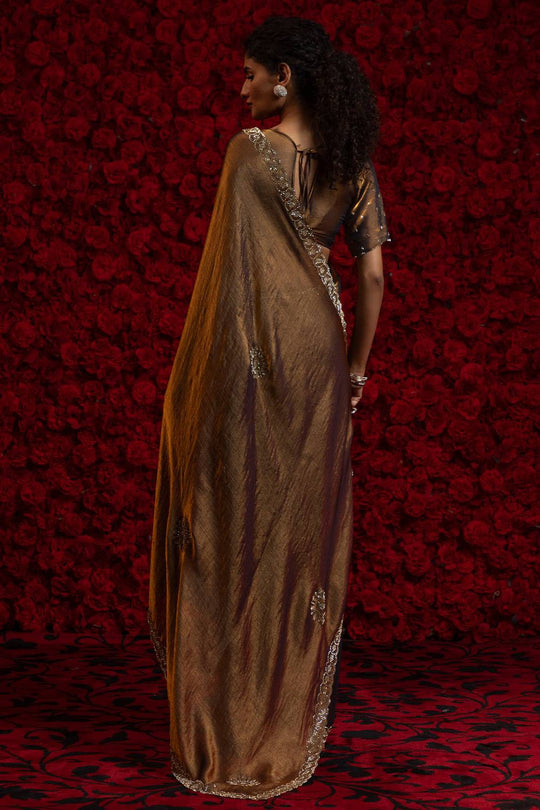 Aria Bronze Gold Chiffon Saree with Embellished Border Ready to Wear One Minute Saree