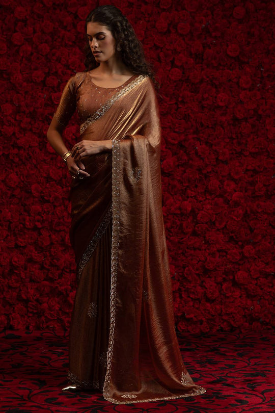 Aria Peach Chiffon Saree with Embellished Border Ready to Wear One Minute Saree