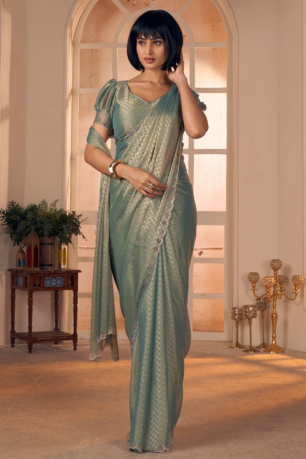 Oriana Pastel Green with Gold Shimmer Georgette Ready to Wear One Minute Saree