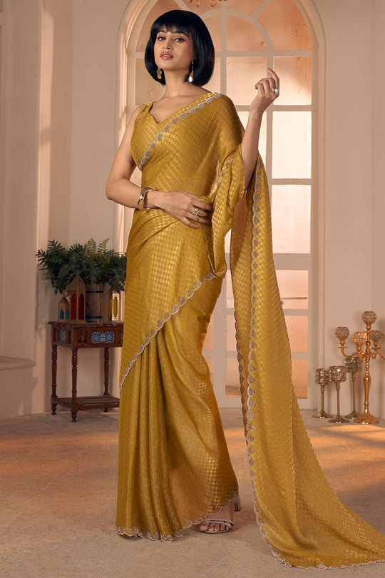Oriana Mustard Yellow with Gold Shimmer Georgette Ready to Wear One Minute Saree