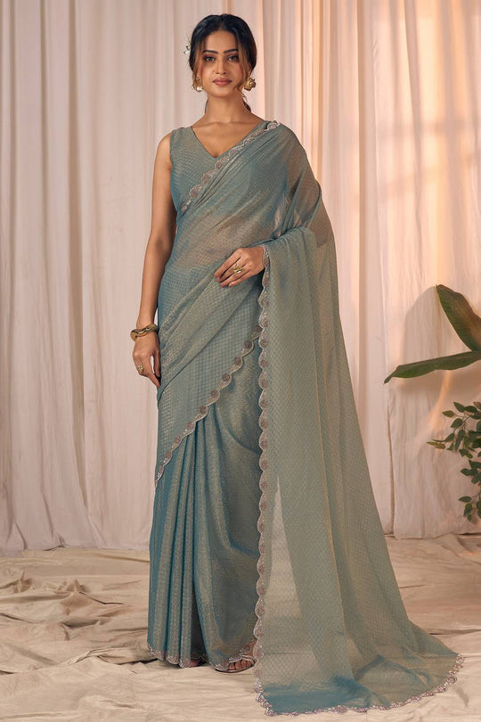 Celine Pastel Sage Green Shimmer Georgette with Embellished Border Ready to Wear One Minute Saree