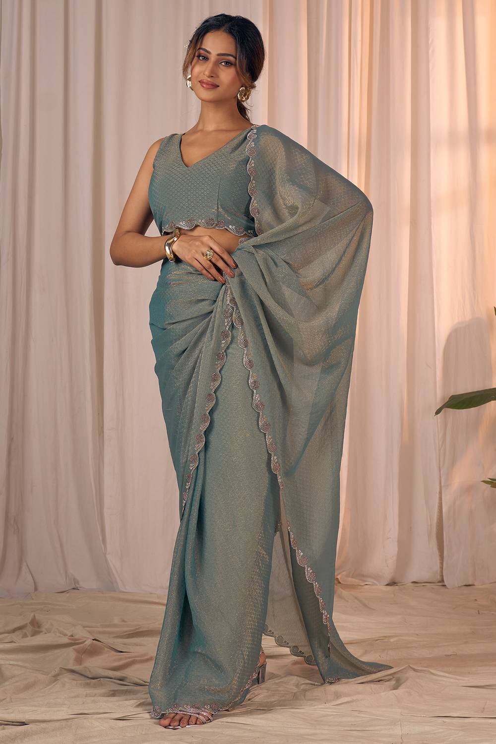Celine Pastel Sage Green Shimmer Georgette with Embellished Border Ready to Wear One Minute Saree