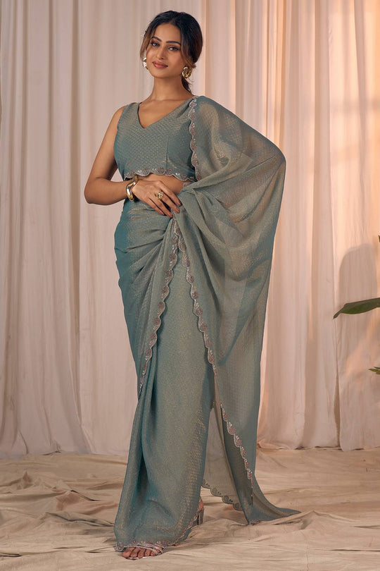Celine Pastel Sage Green Shimmer Georgette with Embellished Border Ready to Wear One Minute Saree