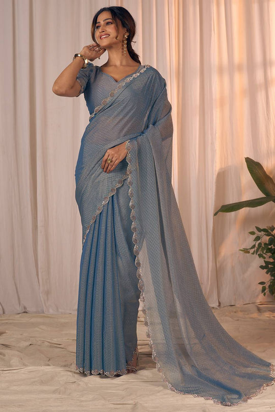 Celine Steel Blue Shimmer Georgette with Embellished Border Ready to Wear One Minute Saree