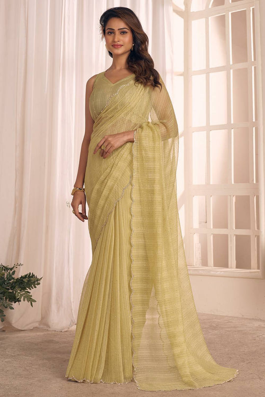 Celine Lime Gold Shimmer Georgette Ready to Wear One Minute Saree
