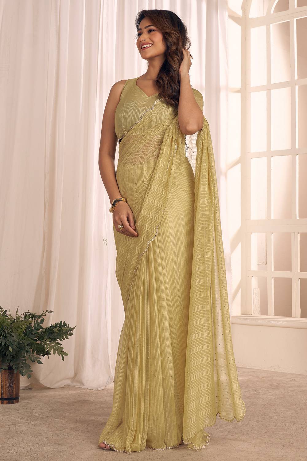 Celine Lime Gold Shimmer Georgette Ready to Wear One Minute Saree