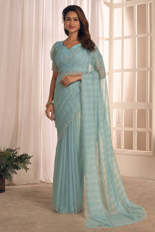 Celine Light Blue Shimmer Georgette Ready to Wear One Minute Saree