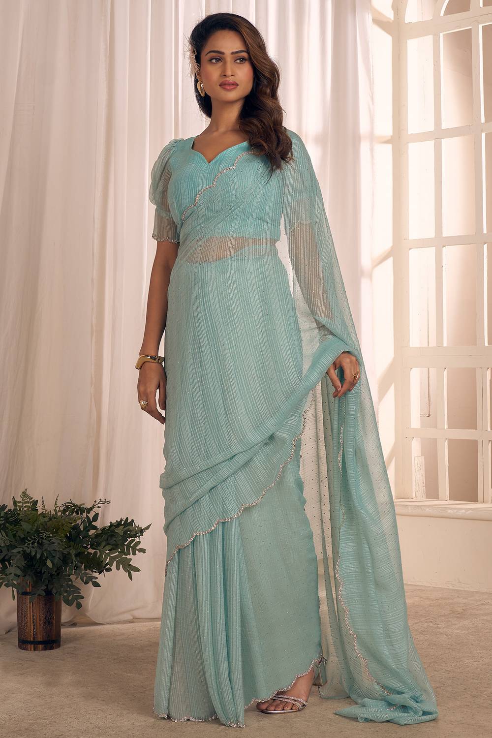 Celine Light Blue Shimmer Georgette Ready to Wear One Minute Saree