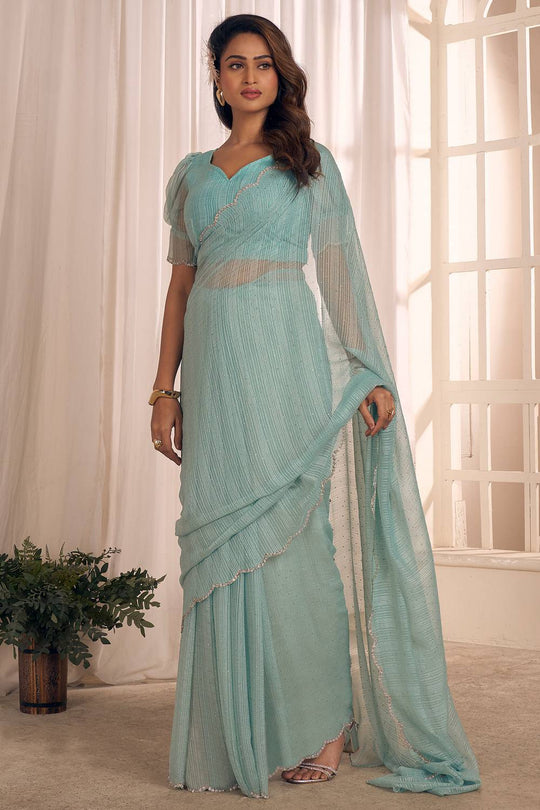 Celine Light Blue Shimmer Georgette Ready to Wear One Minute Saree