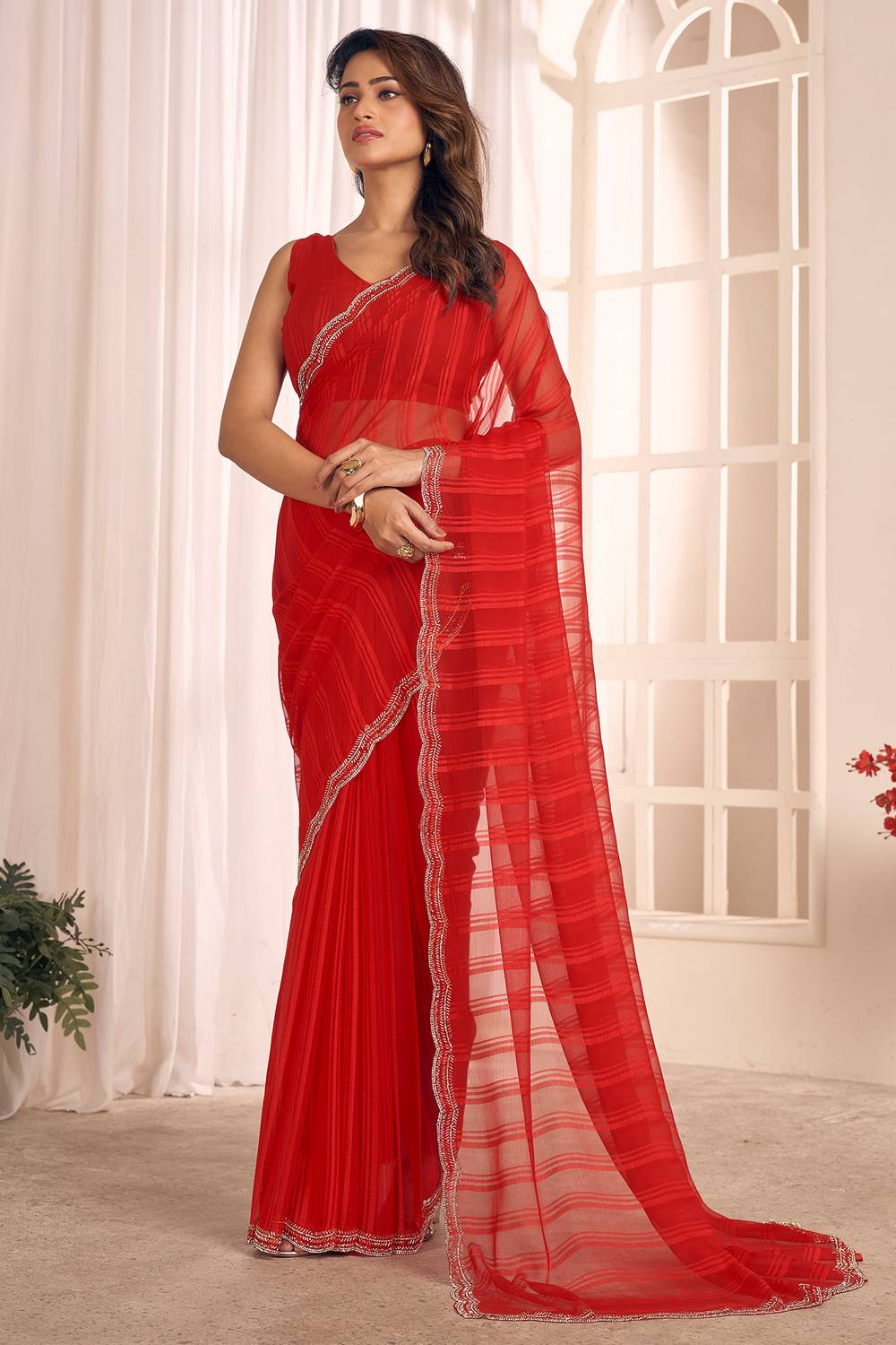 Lana Crimson Red Striped Georgette Ready to Wear One Minute Saree