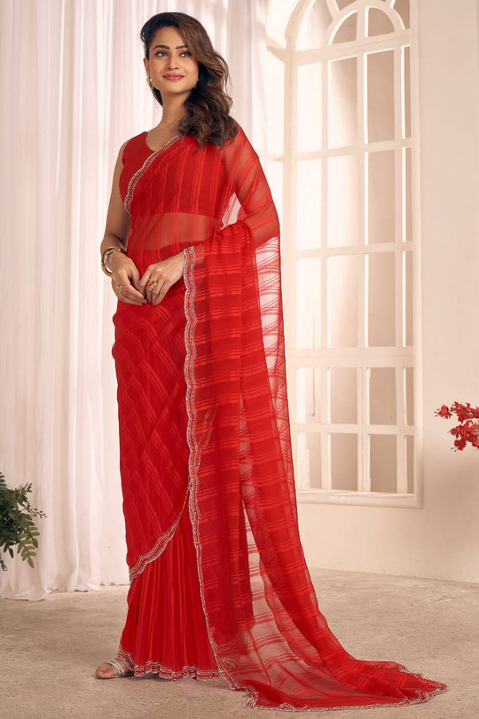 Lana Crimson Red Striped Georgette Ready to Wear One Minute Saree