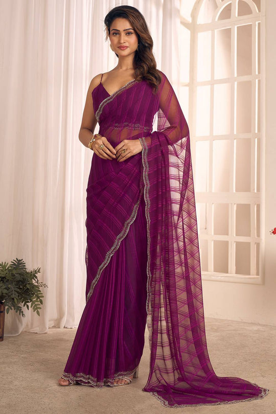 Lana Magenta Striped Georgette Ready to Wear One Minute Saree