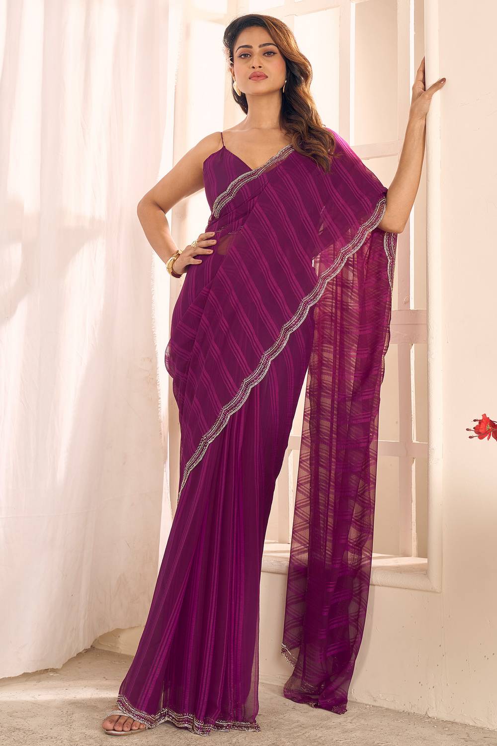 Lana Magenta Striped Georgette Ready to Wear One Minute Saree