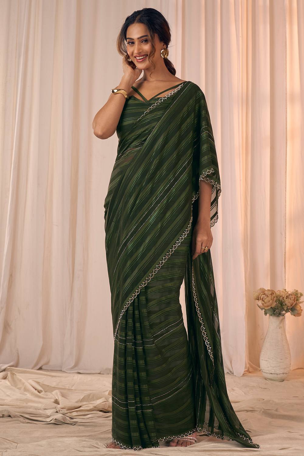 Demi Olive Green Georgette Saree with Border Work Ready to Wear One Minute Saree