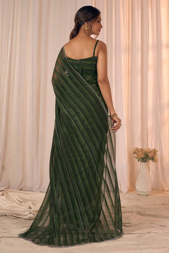 Demi Olive Green Georgette Saree with Border Work Ready to Wear One Minute Saree