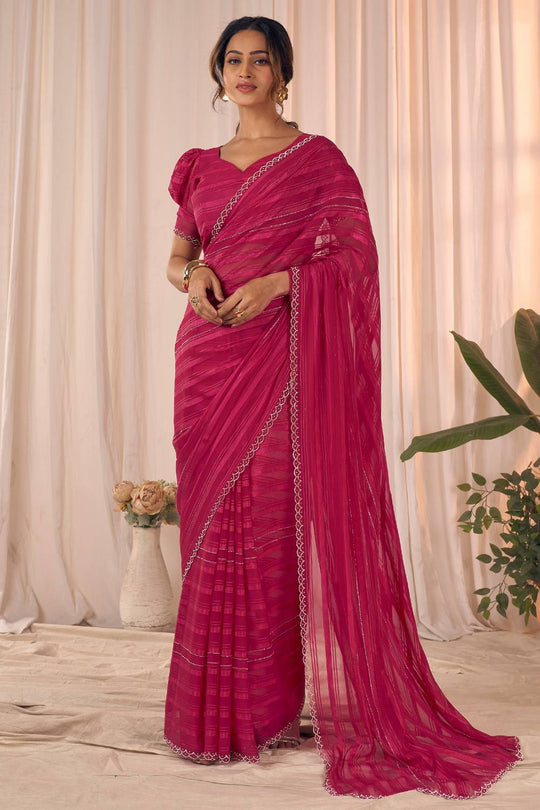 Demi Rani Pink Georgette Saree with Border Work Ready to Wear One Minute Saree