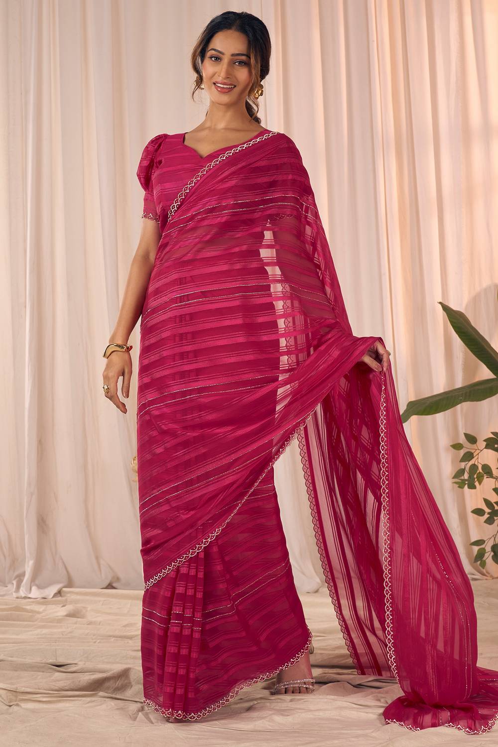 Demi Rani Pink Georgette Saree with Border Work Ready to Wear One Minute Saree