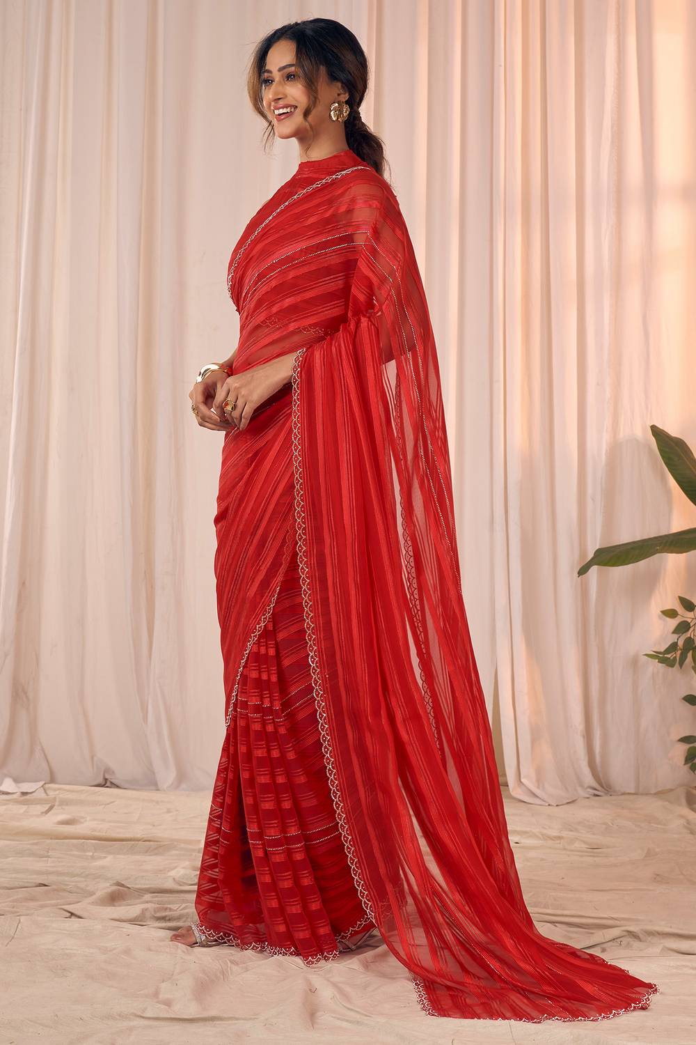 Demi Red Georgette Saree with Border Work Ready to Wear One Minute Saree