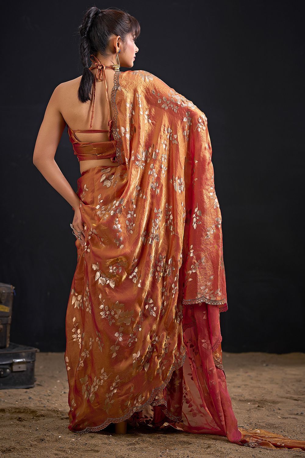 Aura Rust Orange Satin Silk Foil Work Ready to Wear Saree