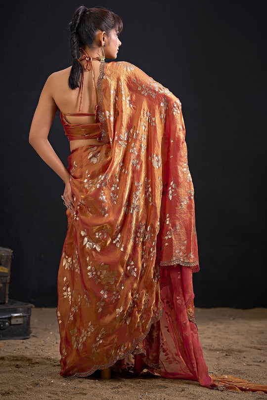 Aura Rust Orange Satin Silk Foil Work Ready to Wear Saree
