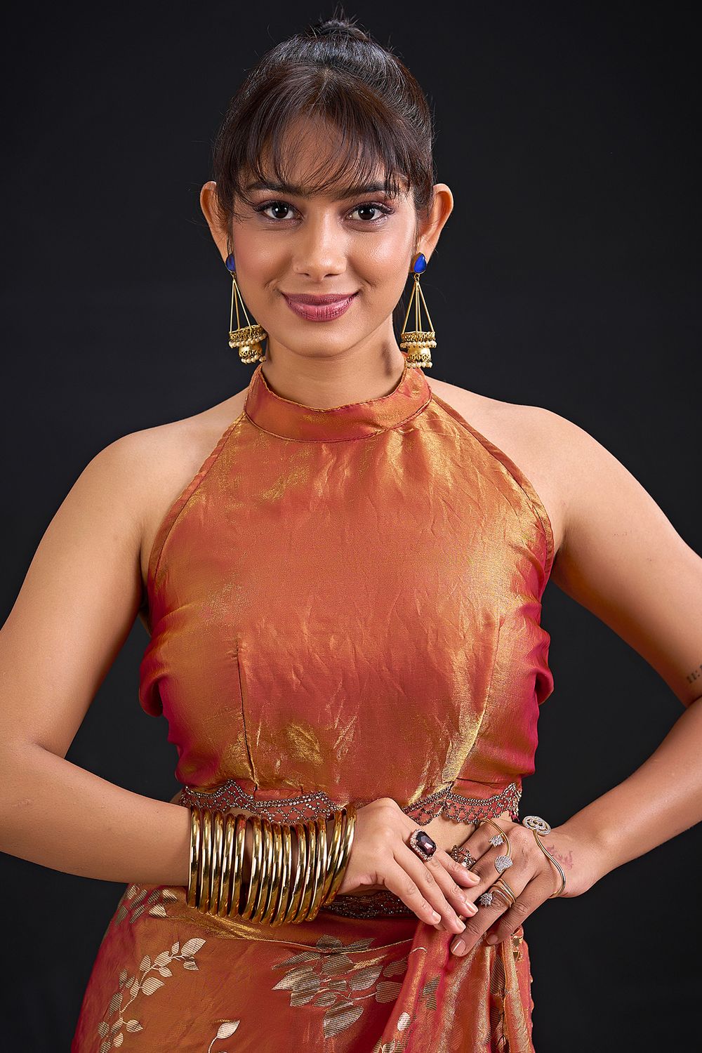 Aura Rust Orange Satin Silk Foil Work Ready to Wear Saree