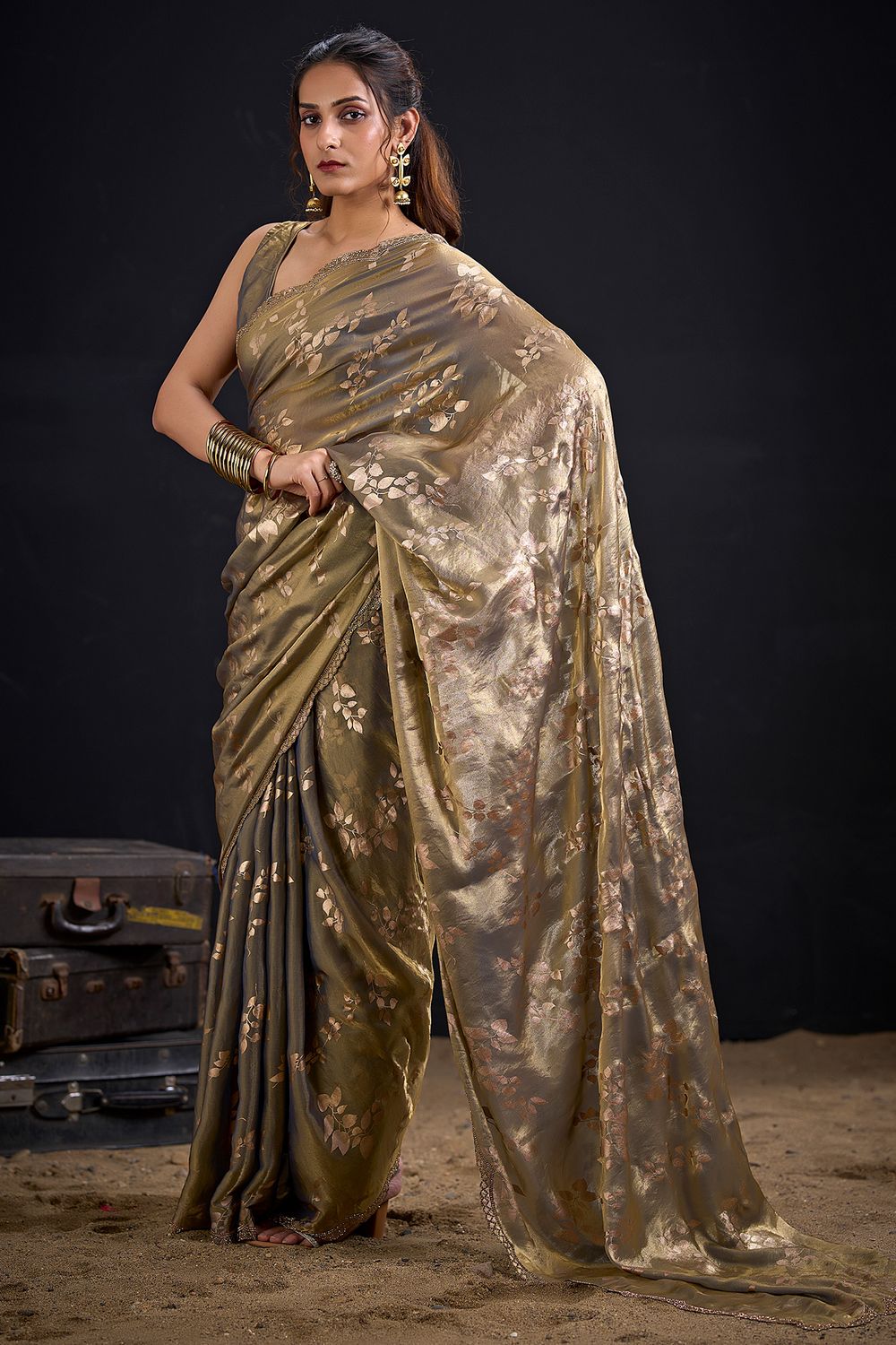 Aura Olive Green Satin Silk Foil Work Ready to Wear One minute Saree