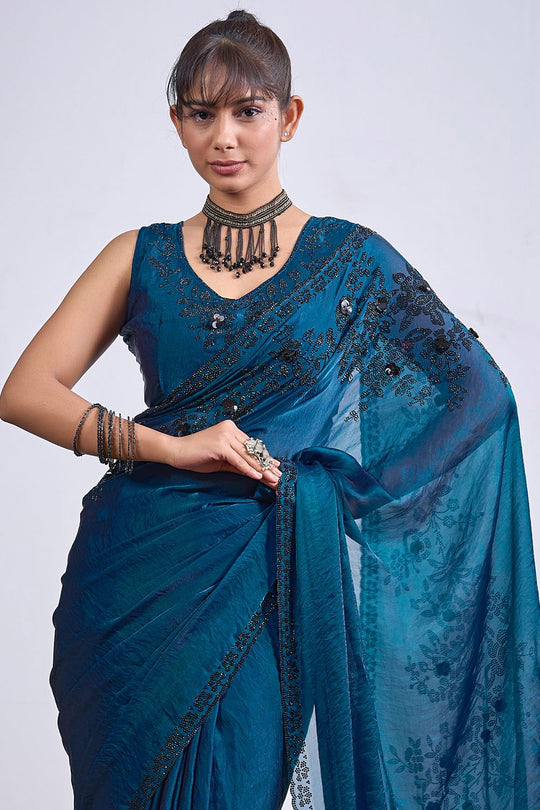 Ida Teal Blue Satin Silk Embellished Ready to Wear Saree