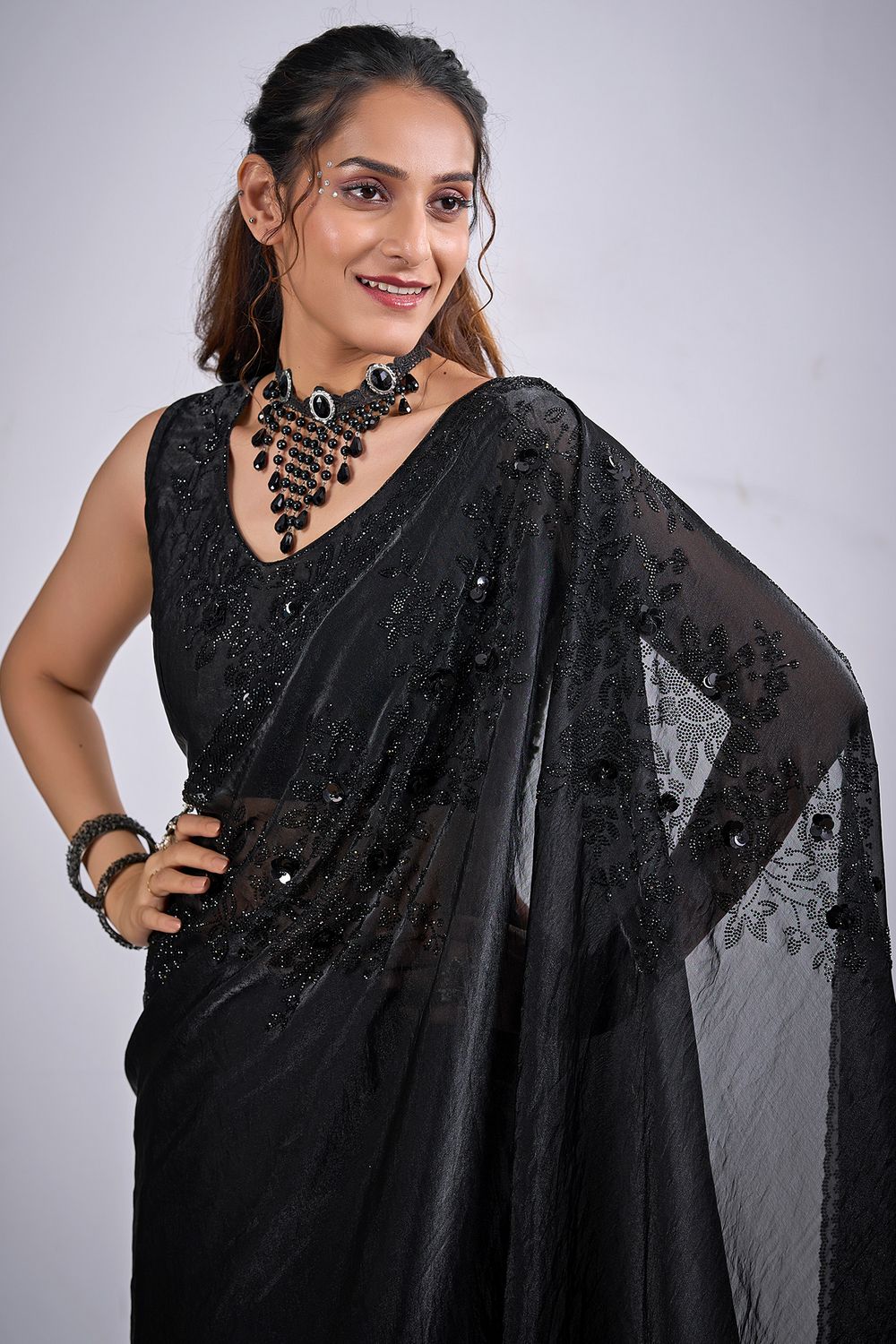 Demi Black Satin Silk Embellished Ready to Wear Saree