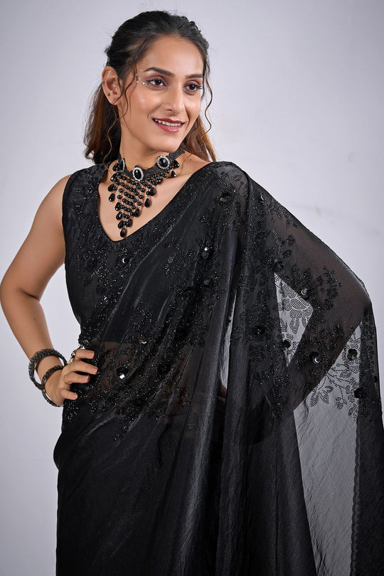 Demi Black Satin Silk Embellished Ready to Wear Saree