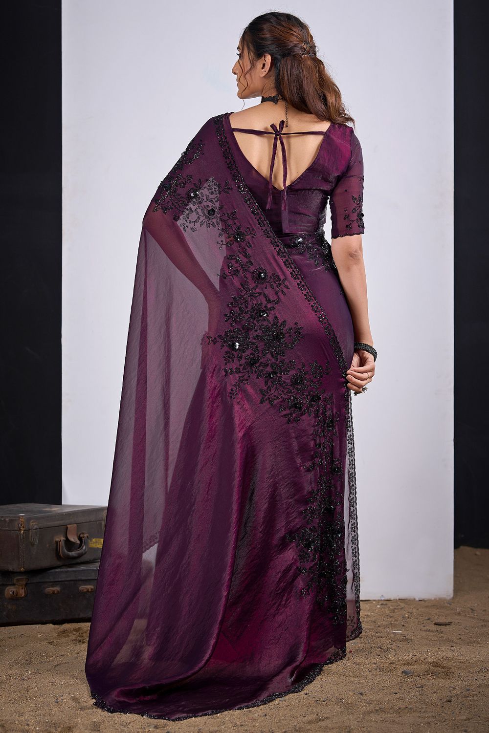 Demi Wine Satin Silk Embellished Ready to Wear Saree