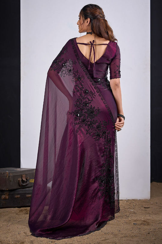 Demi Wine Satin Silk Embellished Ready to Wear Saree