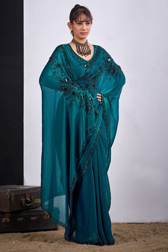 Ida Teal Green Satin Silk Embellished Ready to Wear Saree
