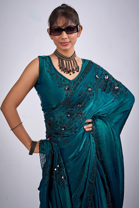Ida Teal Green Satin Silk Embellished Ready to Wear Saree
