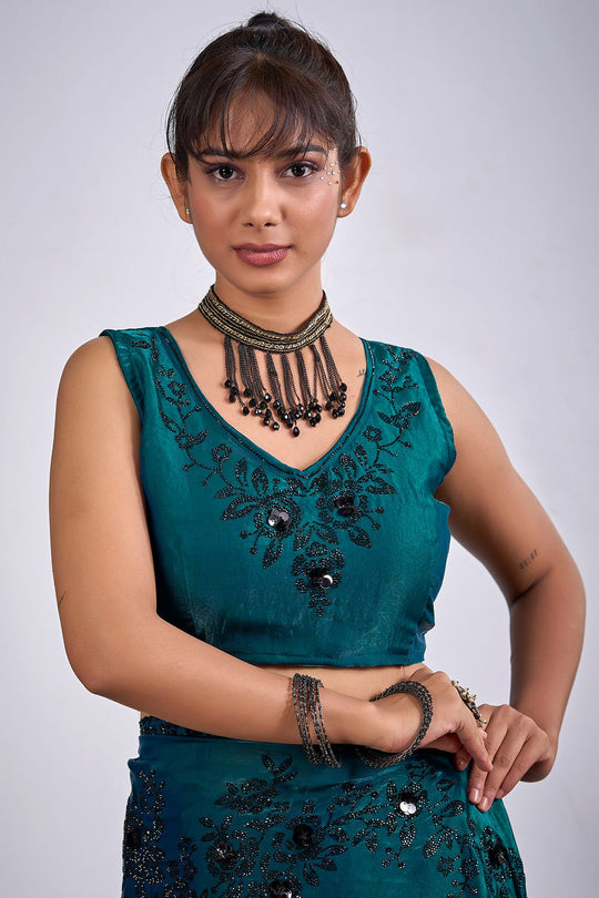 Ida Teal Green Satin Silk Embellished Ready to Wear Saree