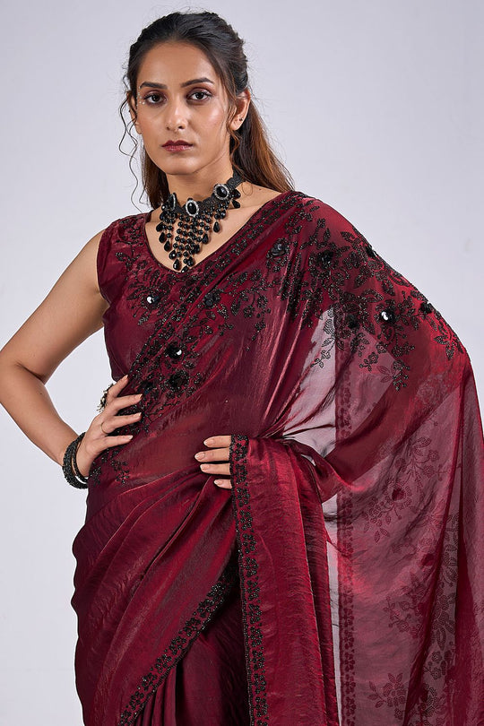 Demi Maroon Satin Silk Embellished Border work Ready to Wear Saree