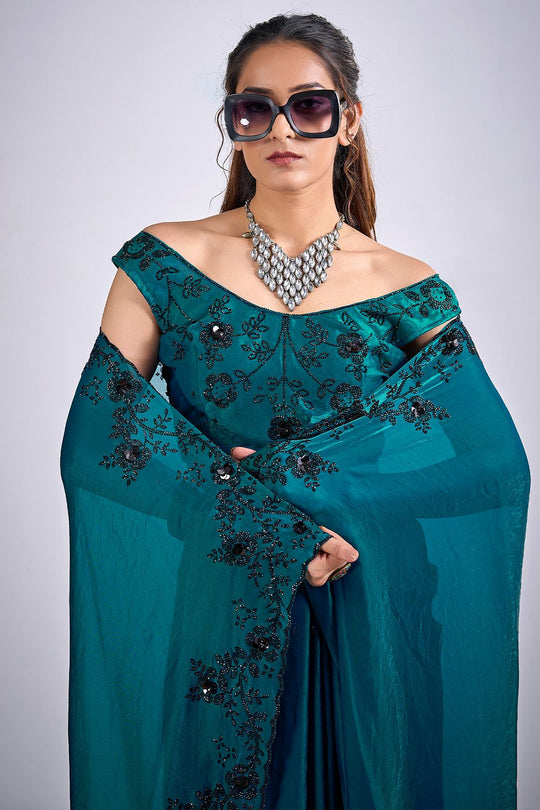 Demi Teal Green Satin Silk Embellished Border Ready to Wear Saree