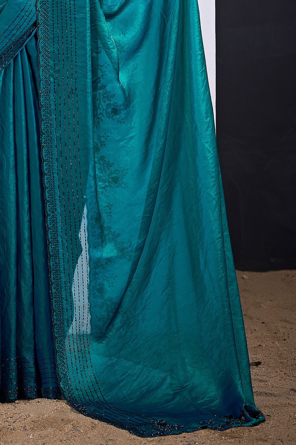Demi Teal Green Satin Silk Embellished Border Ready to Wear Saree