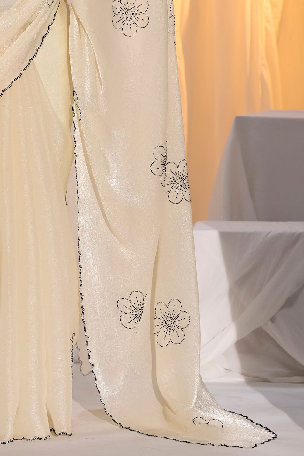 Elisabeth Cream Satin Ready to Wear Saree with Stone Work