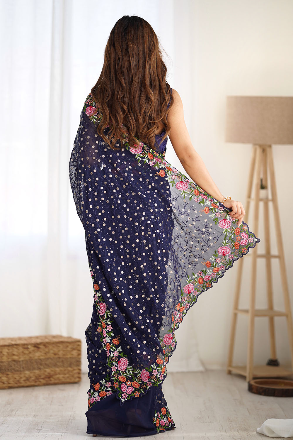 Isabella Navy Blue Georgette with Sequins & Floral Work One Minute Saree