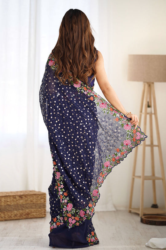 Isabella Navy Blue Georgette with Sequins & Floral Work One Minute Saree