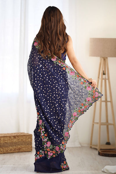 Isabella Navy Blue Georgette with Sequins & Floral Work One Minute Saree
