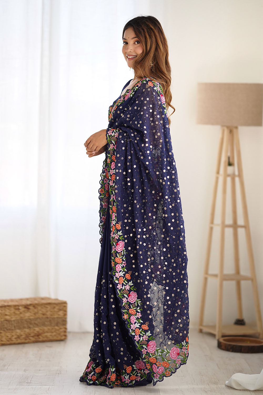 Isabella Navy Blue Georgette with Sequins & Floral Work One Minute Saree