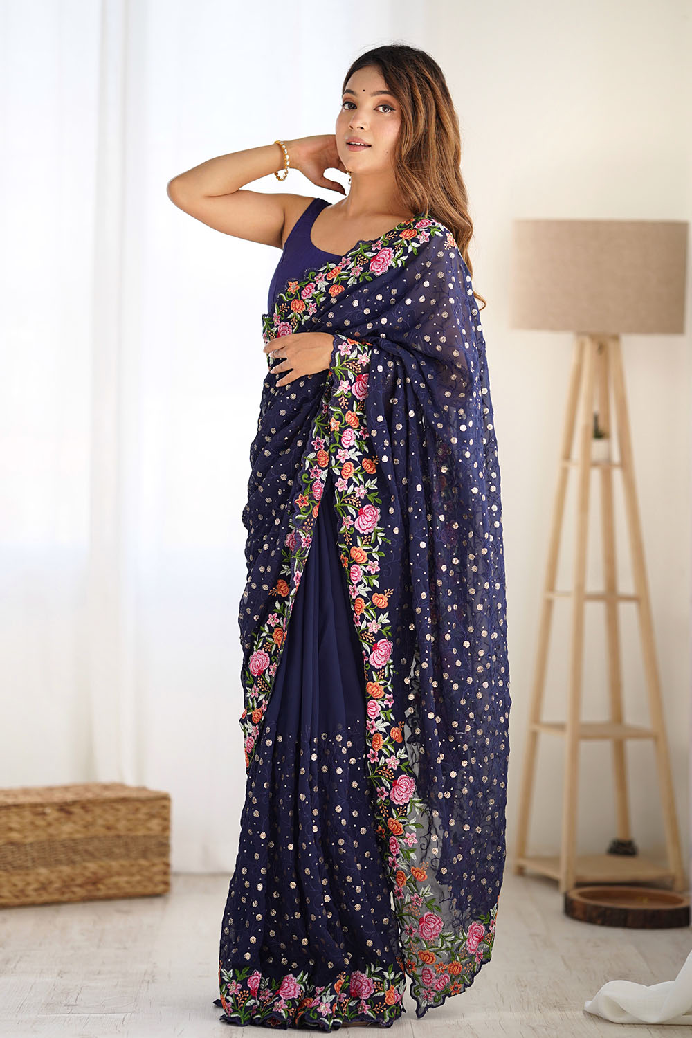 Isabella Navy Blue Georgette with Sequins & Floral Work One Minute Saree