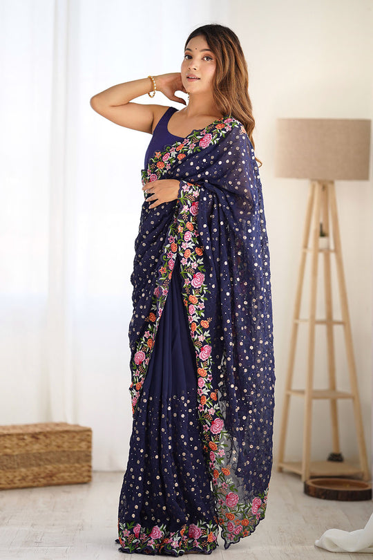 Isabella Navy Blue Georgette with Sequins & Floral Work One Minute Saree