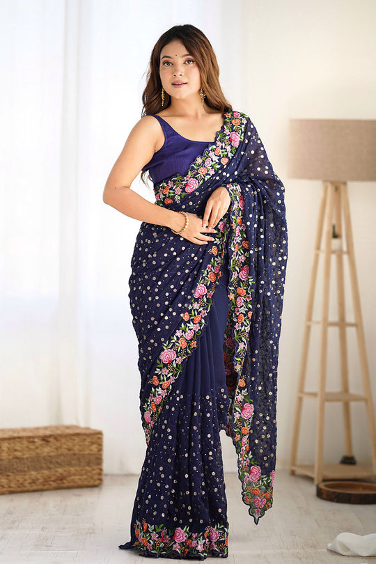 Isabella Navy Blue Georgette with Sequins & Floral Work One Minute Saree
