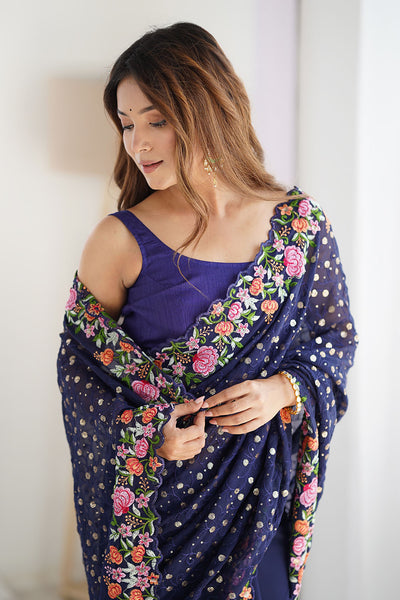 Isabella Navy Blue Georgette with Sequins & Floral Work One Minute Saree