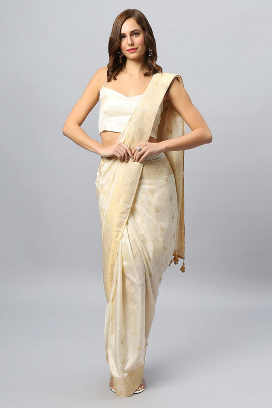 Buy Nuri Cream Banarasi Sarong Saree With Blouse Online - One Minute Saree