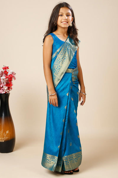 Adina Blue Silk Foil Print Lace One Minute Saree for Kids & Tweens