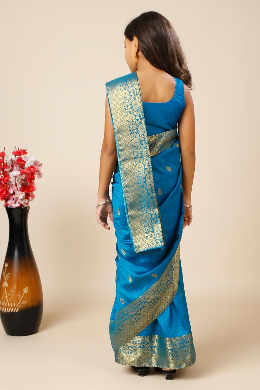 Adina Blue Silk Foil Print Lace One Minute Saree for Kids & Tweens