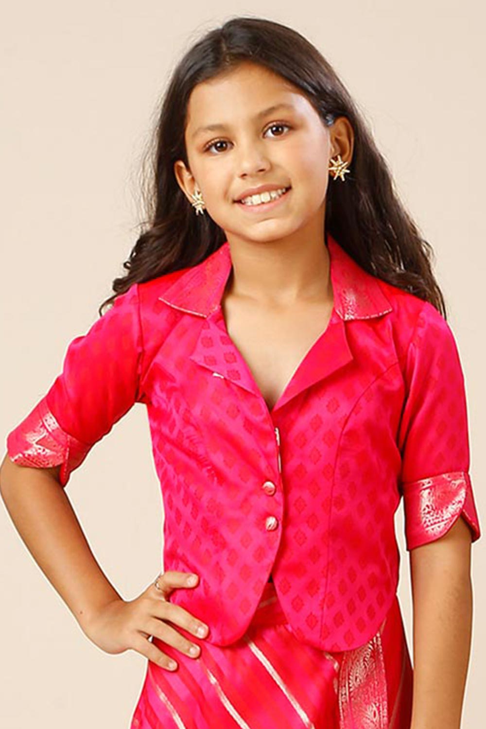 Zaira Pink Art Silk Leheriya Jacket Top For Kids & Tweens